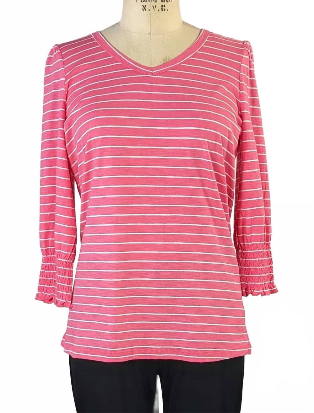 NEW FDJ women's striped v-neck top with smocked cuffs in flamingo